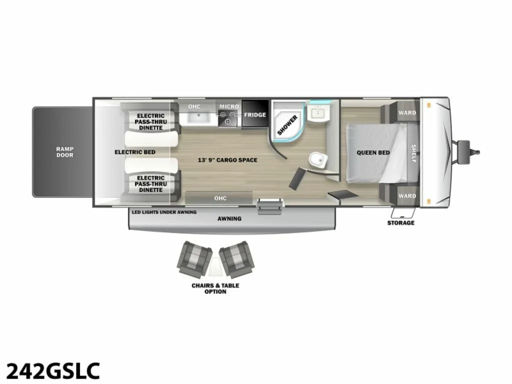 Floor plan of the RV with dinette, living area, kitchen, bathroom and bedroom.