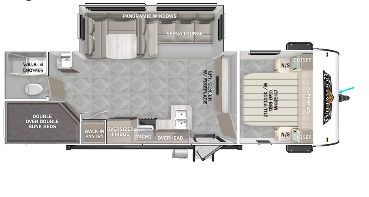 Floor plan of the RV with dinette, living area, kitchen, bathroom and bedroom.