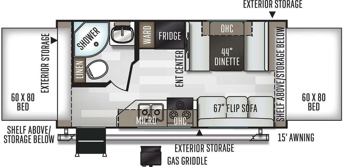 Floor plan of the RV with dinette, living area, kitchen, bathroom and bedroom.