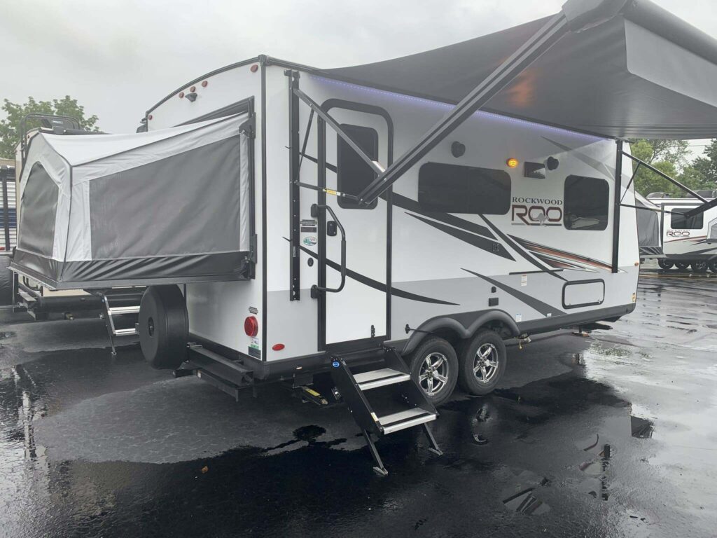 Side view of the New 2022 Forest River Rockwood Roo 19 Travel Trailer RV.