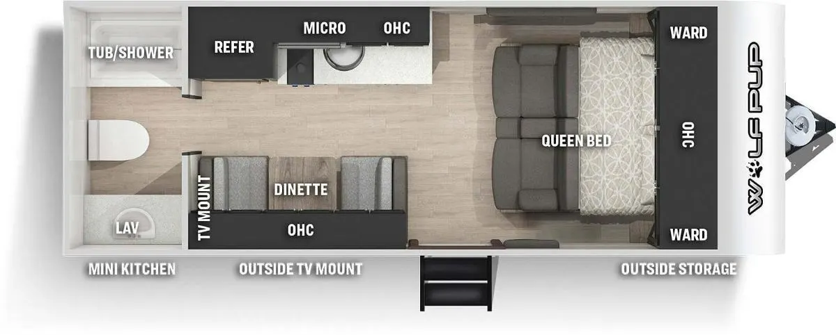 Floor plan of the RV with dinette, living area, kitchen, bathroom and bedroom.