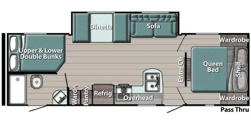 Floor plan of the RV with dinette, living area, kitchen, bathroom and bedroom.