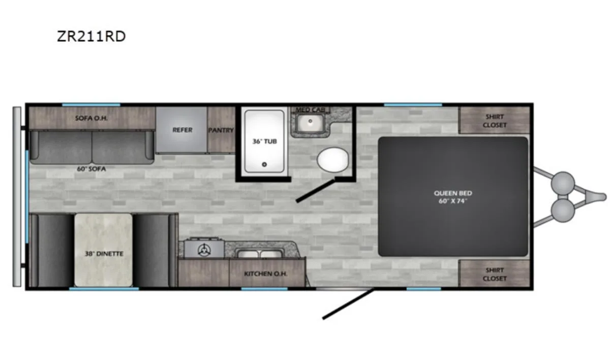 Floor plan of the RV with dinette, living area, kitchen, bathroom and bedroom.