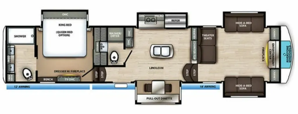 Floor plan of the RV with dinette, living area, kitchen, bathroom and bedroom.