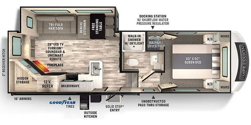 Floor plan of the RV with dinette, living area, kitchen, bathroom and bedroom.