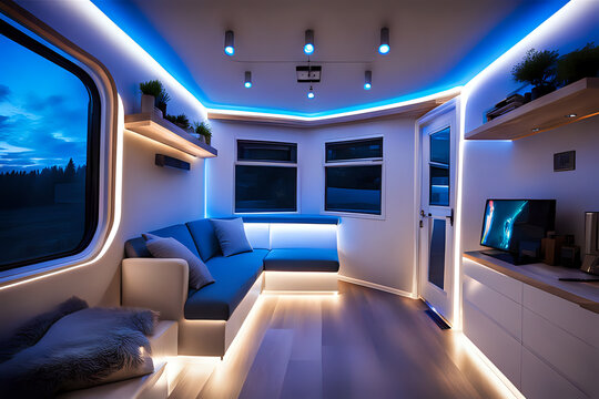 A modern RV interior with sleek blue LED lighting, a comfortable seating area, and a large window showing the outdoor scenery at dusk.