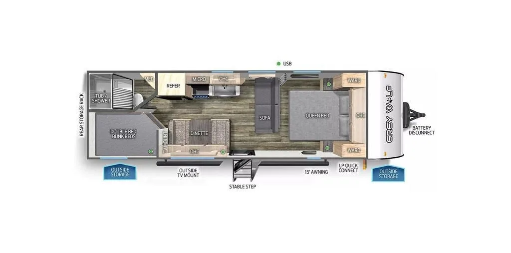 Floor plan of the RV with dinette, living area, kitchen, bathroom and bedroom.