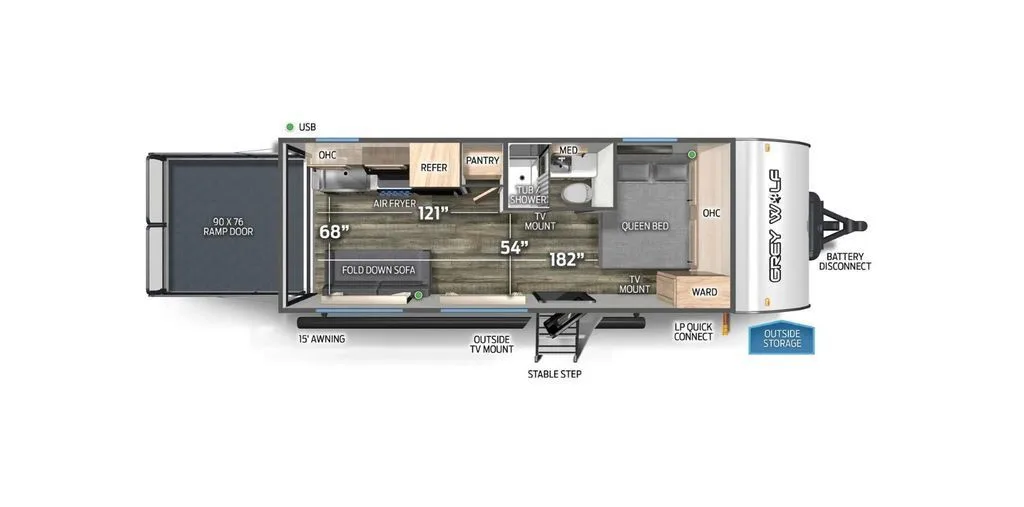 Floor plan of the RV with dinette, living area, kitchen, bathroom and bedroom.