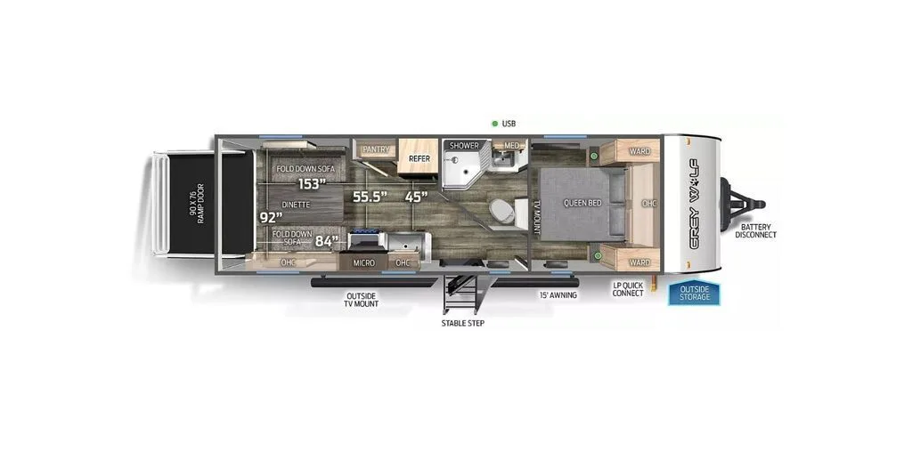 Floor plan of the RV with dinette, living area, kitchen, bathroom and bedroom.