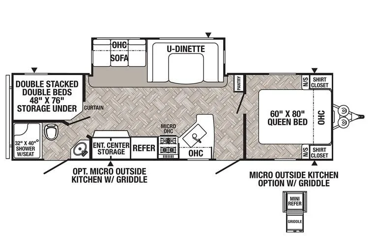 Floor plan of the RV with dinette, living area, kitchen, bathroom and bedroom.