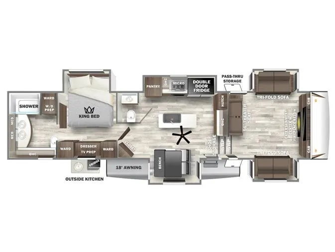 Floor plan of the RV with dinette, living area, kitchen, bathroom and bedroom.