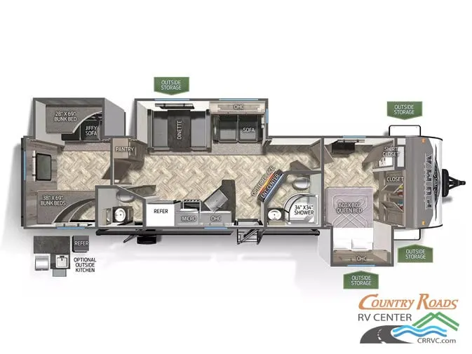 Floor plan of the RV with dinette, living area, kitchen, bathroom and bedroom.