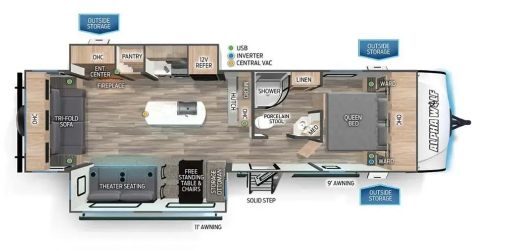 Floor plan of the RV with dinette, living area, kitchen, bathroom and bedroom.