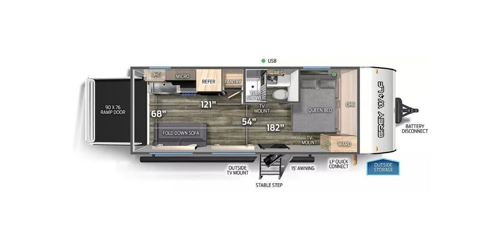 Floor plan of the RV with dinette, living area, kitchen, bathroom and bedroom.