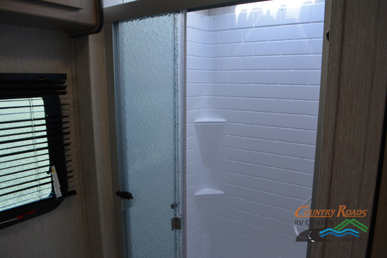 Bathroom with a walk-in shower and skylight.