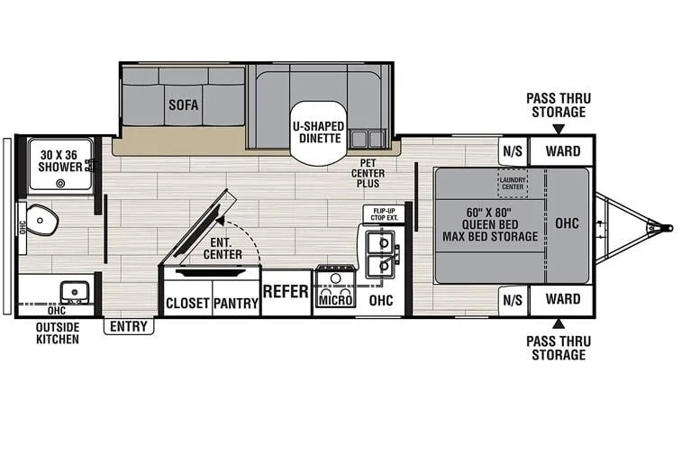 Floor plan of the RV with dinette, living area, kitchen, bathroom and bedroom.