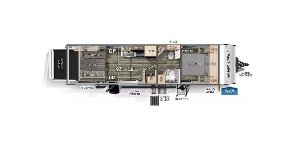 Floor plan of the RV with dinette, living area, kitchen, bathroom and bedroom.