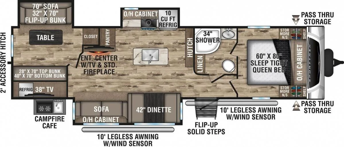 Floor plan of the RV with dinette, living area, kitchen, bathroom and bedroom.