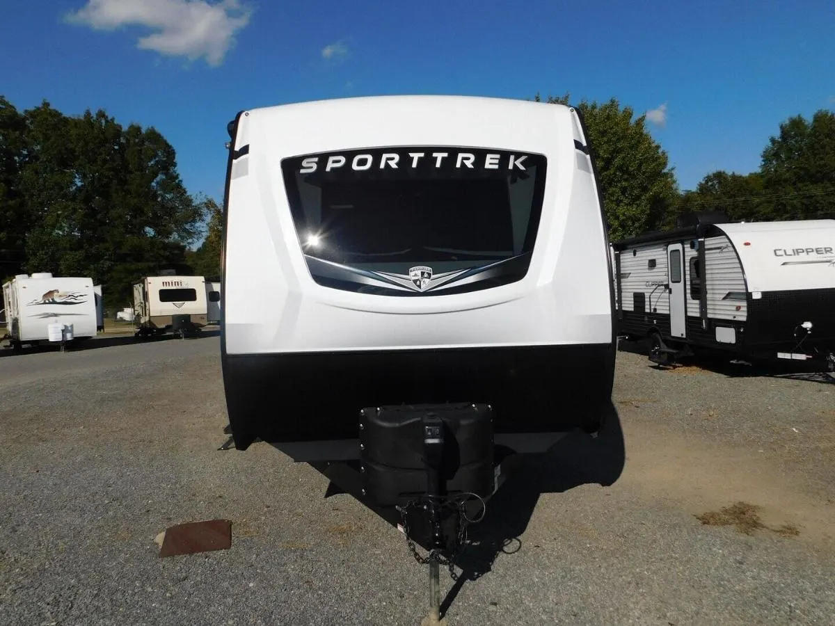 Front view of the New 2024 Venture Sport Trek 327VIK Travel Trailer RV.