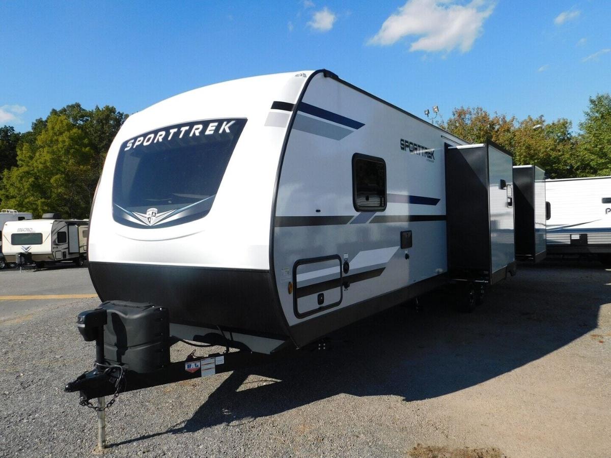 Side view of the New 2024 Venture Sport Trek 327VIK Travel Trailer RV.