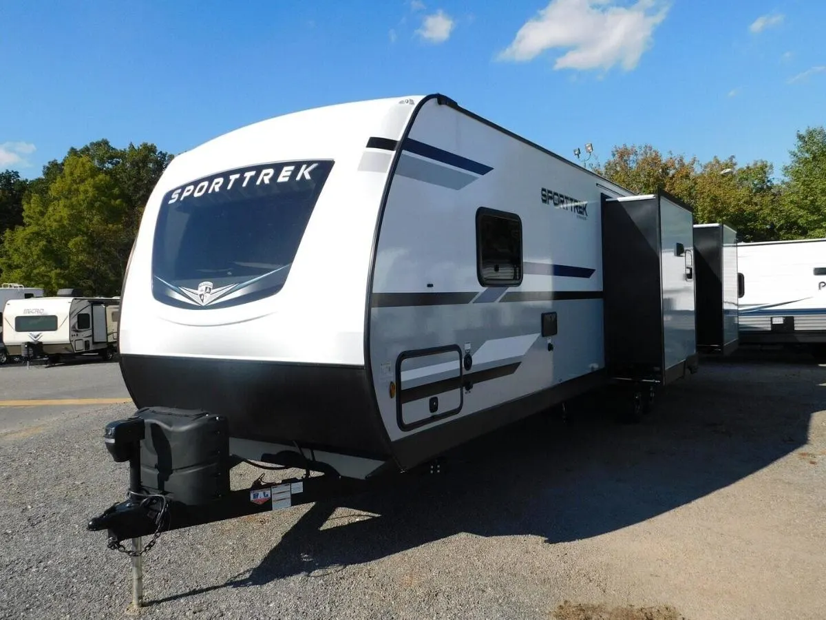 Side view of the New 2024 Venture Sport Trek 327VIK Travel Trailer RV.