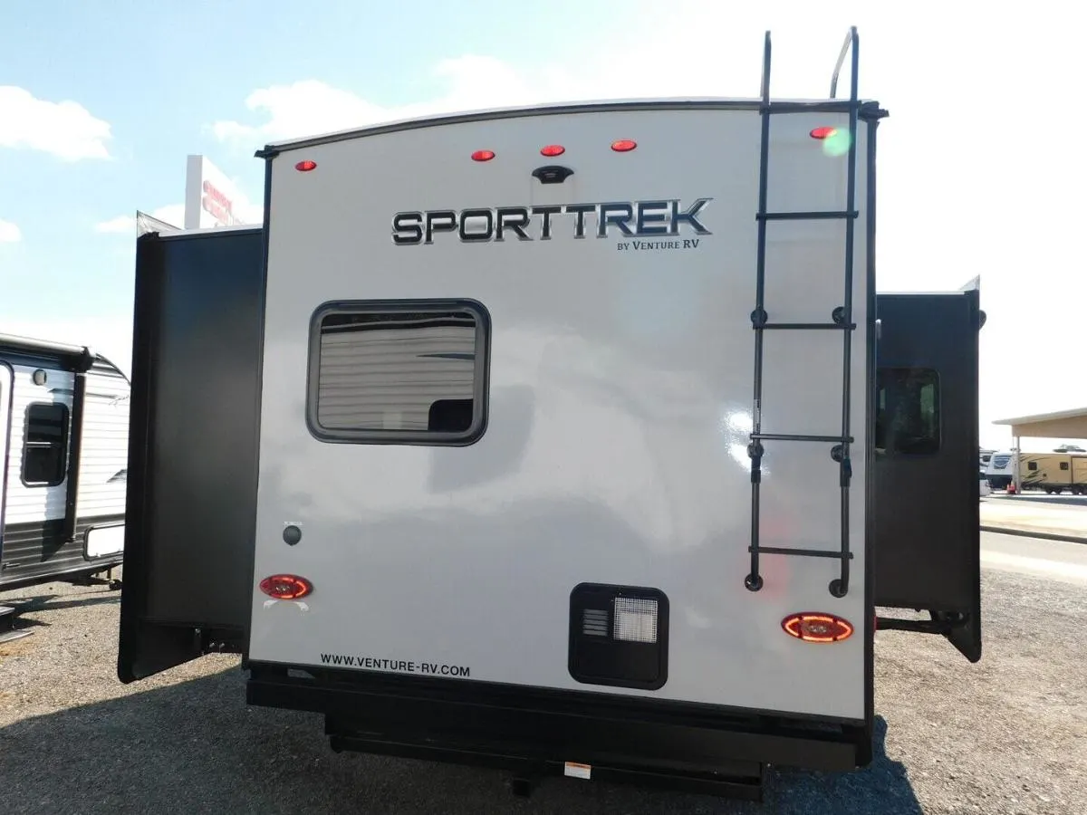 Rear view of the New 2024 Venture Sport Trek 327VIK Travel Trailer RV.