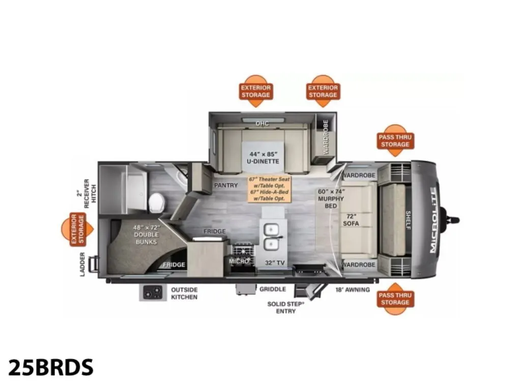 Floor plan of the RV with dinette, living area, kitchen, bathroom and bedroom.