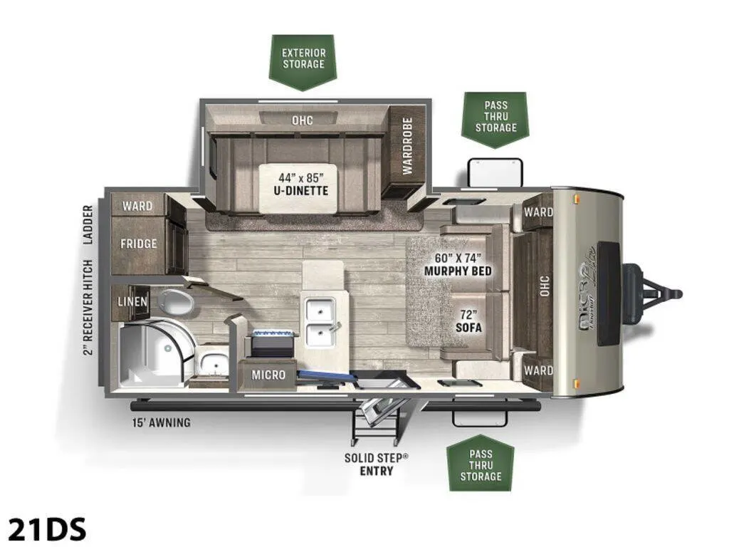 Floor plan of the RV with dinette, living area, kitchen, bathroom and bedroom.