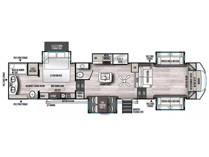 Floor plan of the RV with dinette, living area, kitchen, bathroom and bedroom.