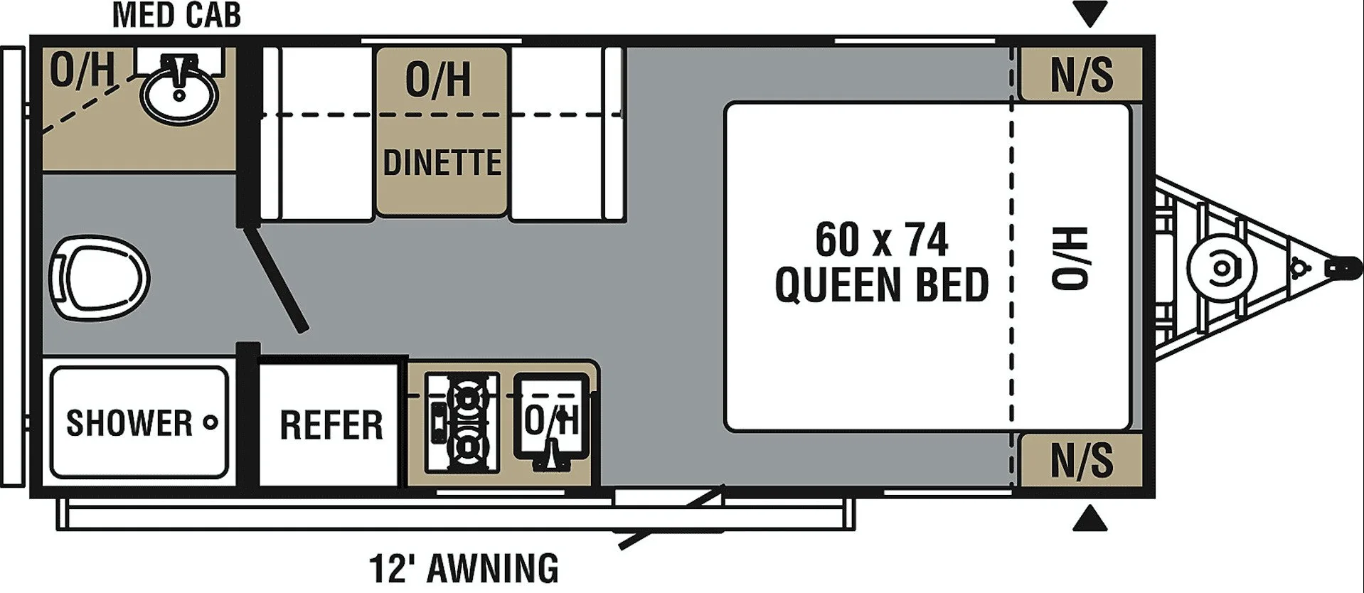 Floor plan of the RV with dinette, kitchen, bathroom and bedroom.