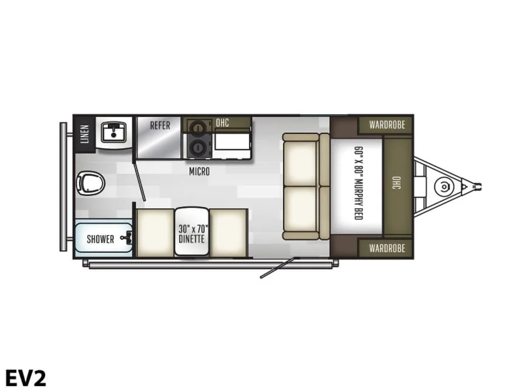 Floor plan of the RV with dinette, living area, kitchen, bathroom and bedroom.