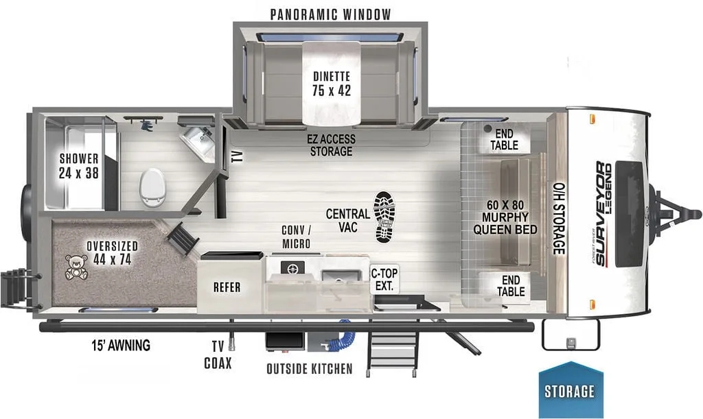 Floor plan of the RV with dinette, living area, kitchen, bathroom and bedroom.