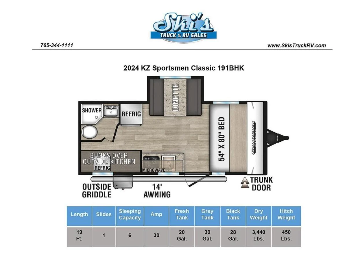 Floor plan of the RV with dinette, living area, kitchen, bathroom and bedroom.