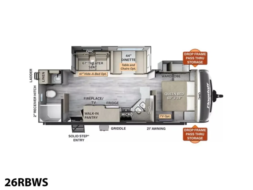 Floor plan of the RV with dinette, living area, kitchen, bathroom and bedroom.