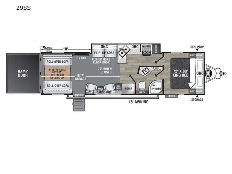 Floor plan of the RV with dinette, living area, kitchen, bathroom and bedroom.