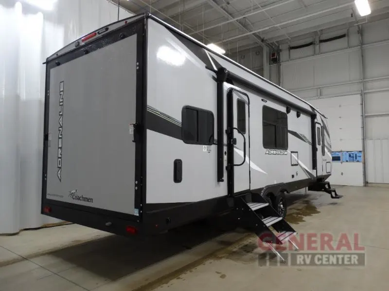 Side view of the New 2024 Coachmen RV Adrenaline 29SS Travel Trailer Toy Hauler RV.