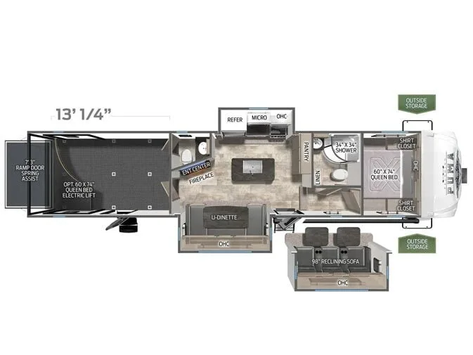 Floor plan of the RV with dinette, living area, kitchen, bathroom and bedroom.