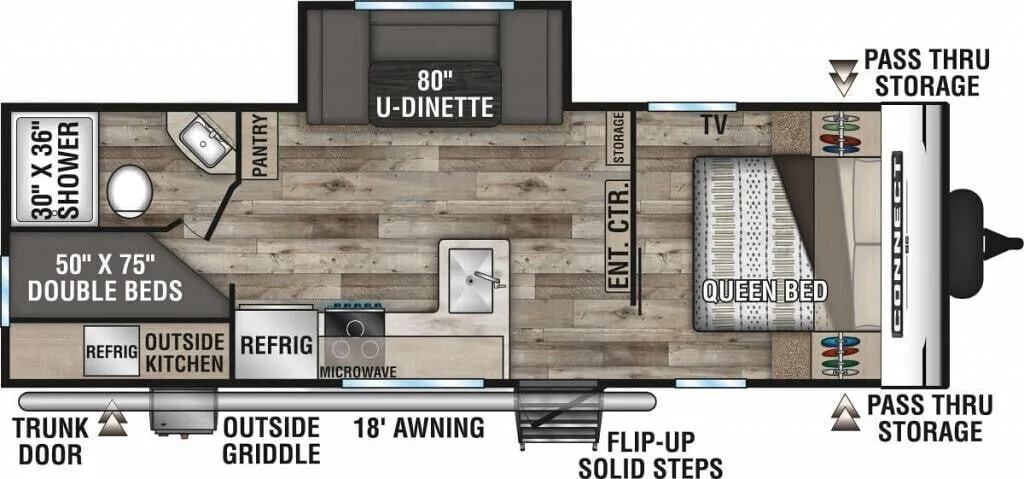 Floor plan of the RV with dinette, living area, kitchen, bathroom and bedroom.