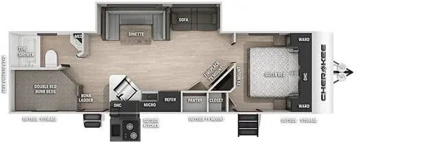 Floor plan of the RV with dinette, living area, kitchen, bathroom and bedroom.