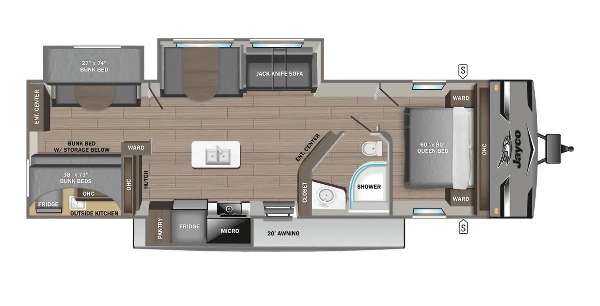 Floor plan of the RV with dinette, living area, kitchen, bathroom and bedroom.