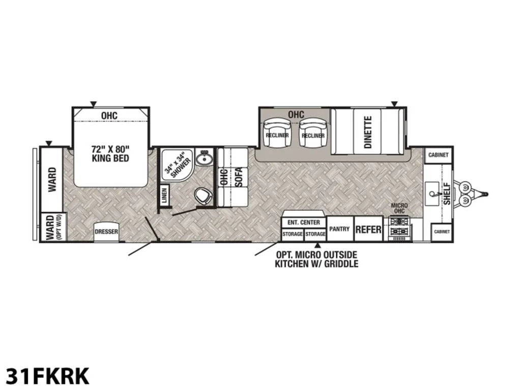 Floor plan of the RV with dinette, living area, kitchen, bathroom and bedroom.