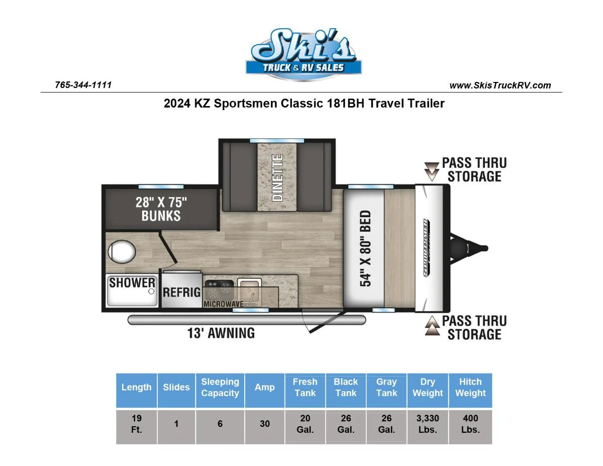 Floor plan of the RV with dinette, living area, kitchen, bathroom and bedroom.