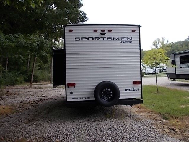 Rear view of the New 2024 KZ RV Sportsmen Classic 181BH Travel Trailer RV.