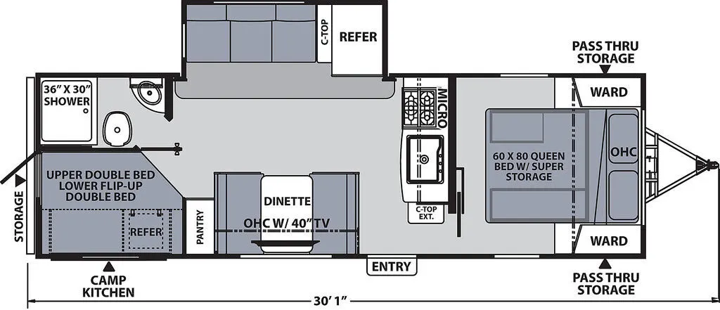 Floor plan of the RV with dinette, living area, kitchen, bathroom and bedroom.