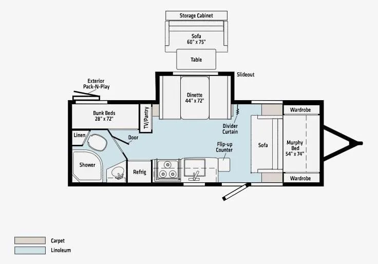 Floor plan of the RV with dinette, living area, bathroom and bedroom.