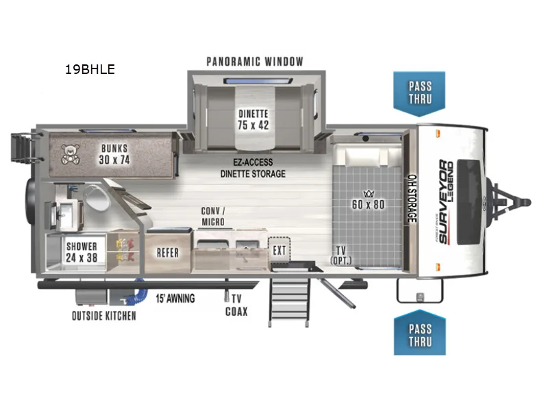 Floor plan of the RV with dinette, living area, kitchen, bathroom and bedroom.