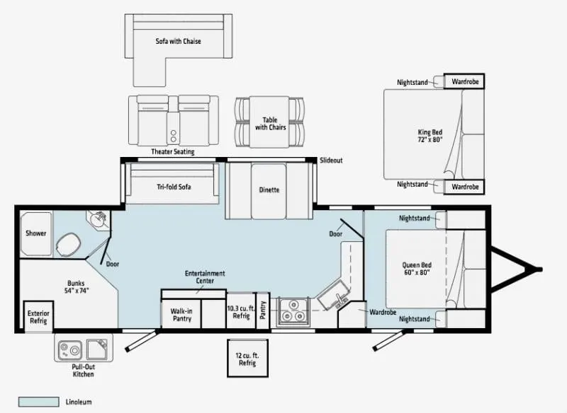 Floor plan of the RV with dinette, living area, kitchen, bathroom and bedroom.