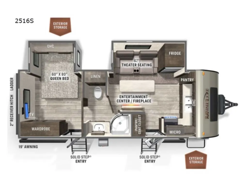 Floor plan of the RV with dinette, living area, kitchen, bathroom and bedroom.