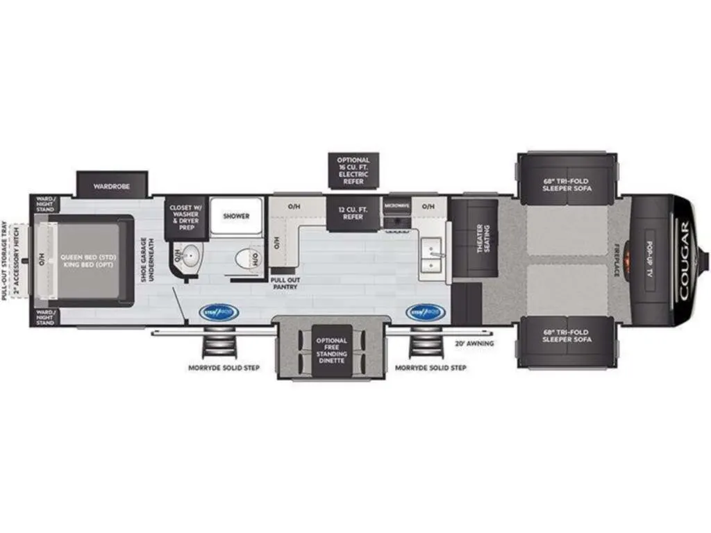 Floor plan of the RV with dinette, living area, kitchen, bathroom and bedroom.