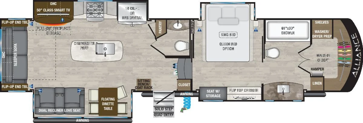 Floor plan of the RV with dinette, living area, kitchen, bathroom and bedroom.